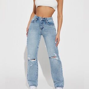 Fashion Nova Light Blue Distressed Straight Leg Jeans